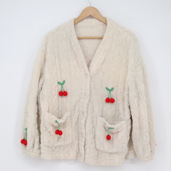 Unbranded Sherpa Fleece Cherry Cardigan Cream 3D Crochet Fruit Applique Jacket