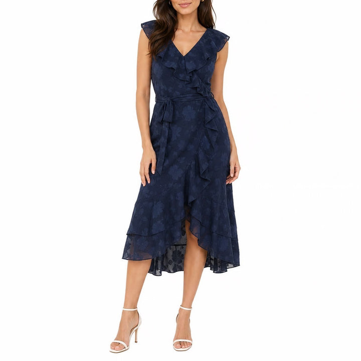 Grace Karin Navy Blue Burnout Floral Ruffle Wrap Midi Dress Large Sleeveless
