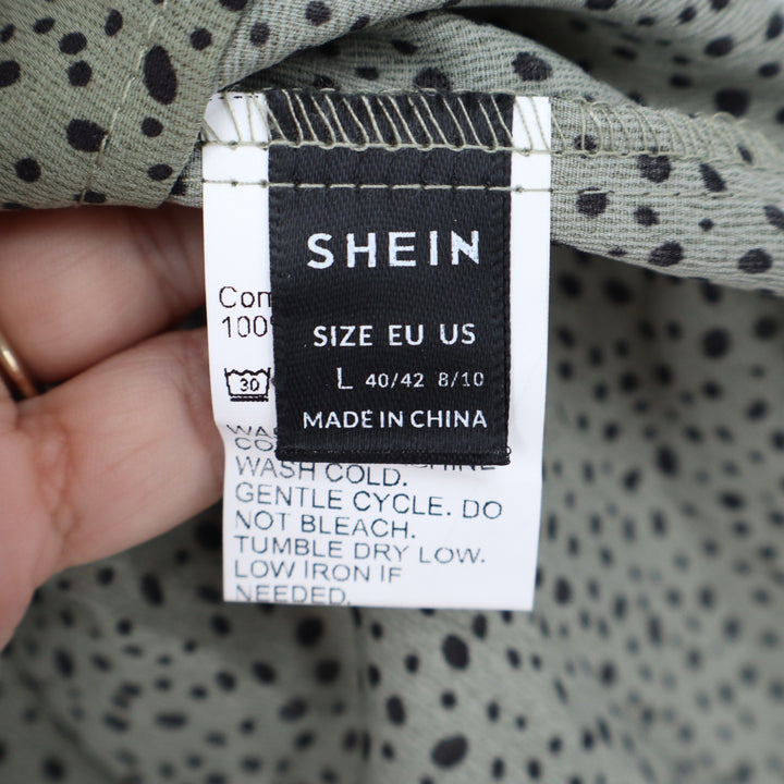 SHEIN Sage Green Polka Dot Tie Front Peplum Blouse Long Sleeve Ruffle Cuff L