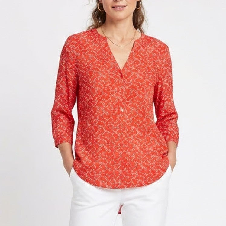 NYDJ Womens Red Geometric Print Henley Blouse 3/4 Roll Tab Sleeve Small