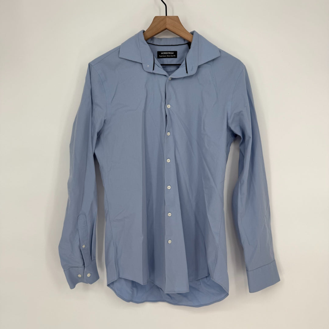 Nordstrom Tech Smart Dress Shirt Men 15.5 Blue Cotton Extra Trim Fit Barrel Cuff