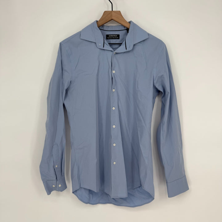 Nordstrom Tech Smart Dress Shirt Men 15.5 Blue Cotton Extra Trim Fit Barrel Cuff