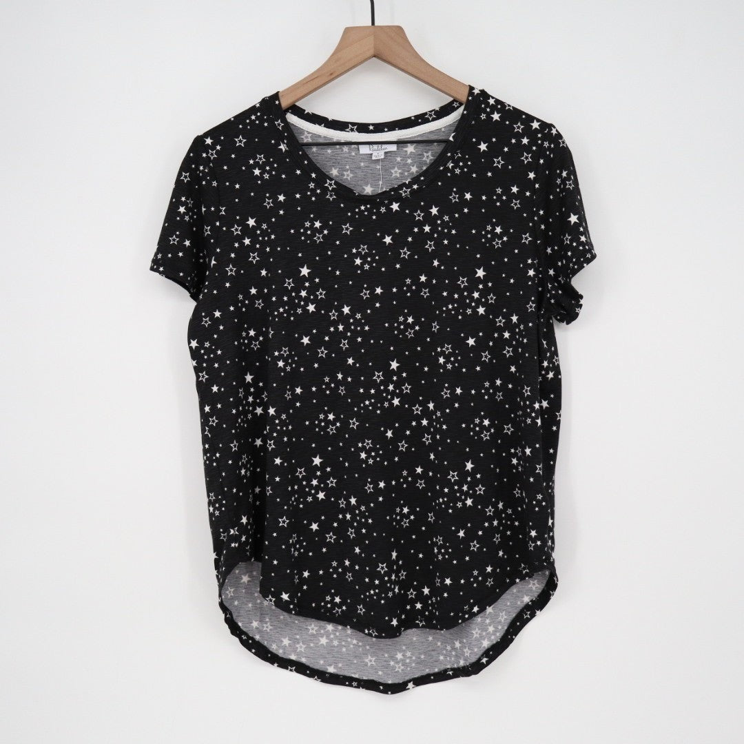 Roudelain Pajama Top Women L Black Stretch Star Printed Shirttail Hem Sleep Wear