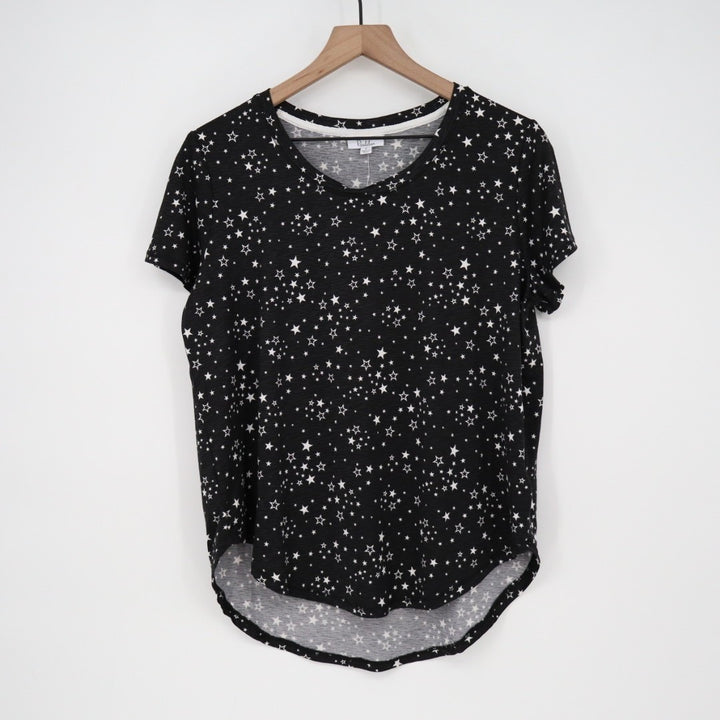 Roudelain Pajama Top Women L Black Stretch Star Printed Shirttail Hem Sleep Wear