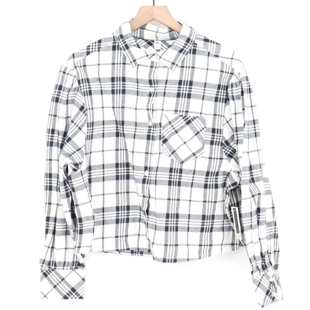 Bp. Flannel Plaid Boxy Shirt Womens S Ivory Black Cotton Spread Collar Button Up