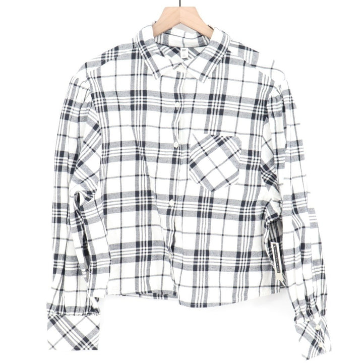 Bp. Flannel Plaid Boxy Shirt Womens S Ivory Black Cotton Spread Collar Button Up