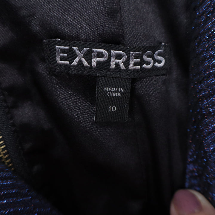Express Navy Blue Metallic Textured Fit and Flare V-Neck Cocktail Dress Size 10