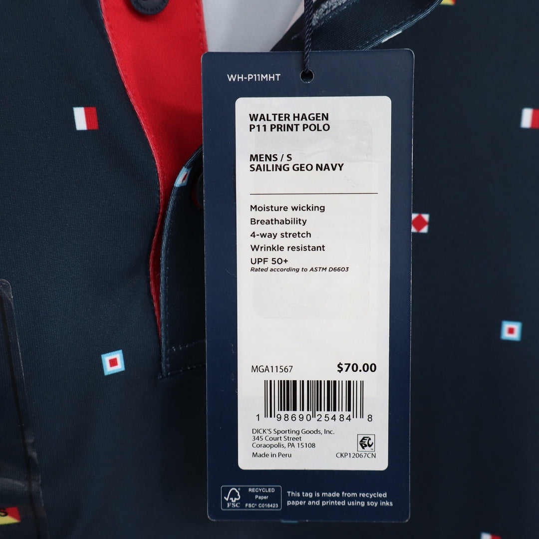 Walter Hagen Mens P11 Performance Polo Shirt Sailing Geo Navy Nautical Flag S