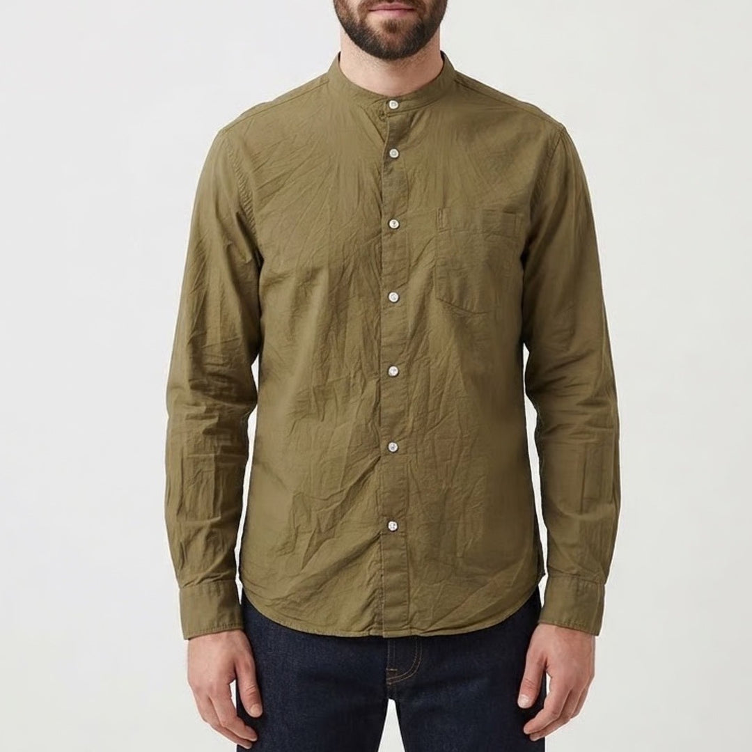 Topman Mens Grandad Collar Button Down Shirt Khaki Green Long Sleeve Large NEW