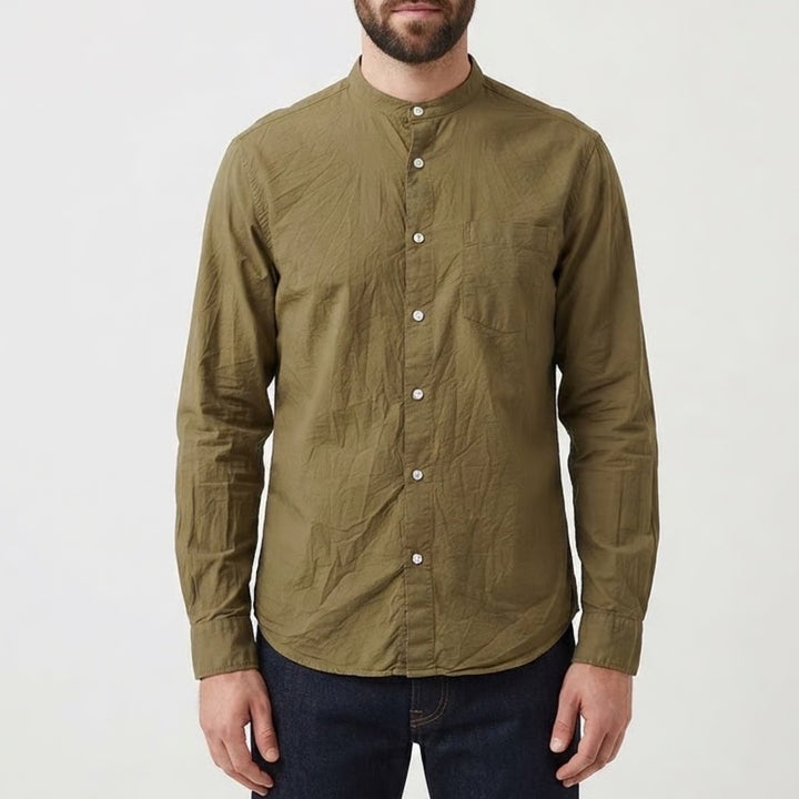 Topman Mens Grandad Collar Button Down Shirt Khaki Green Long Sleeve Large NEW