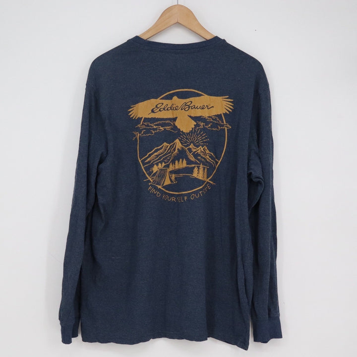 Eddie Bauer Mens XL Navy Blue Long Sleeve Graphic Tee Find Yourself Outside
