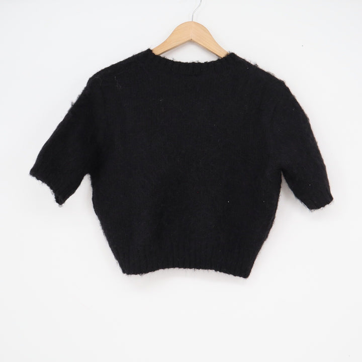 Scoop Womens Black Fuzzy Short Sleeve Cropped Sweater Crew Neck Size M
