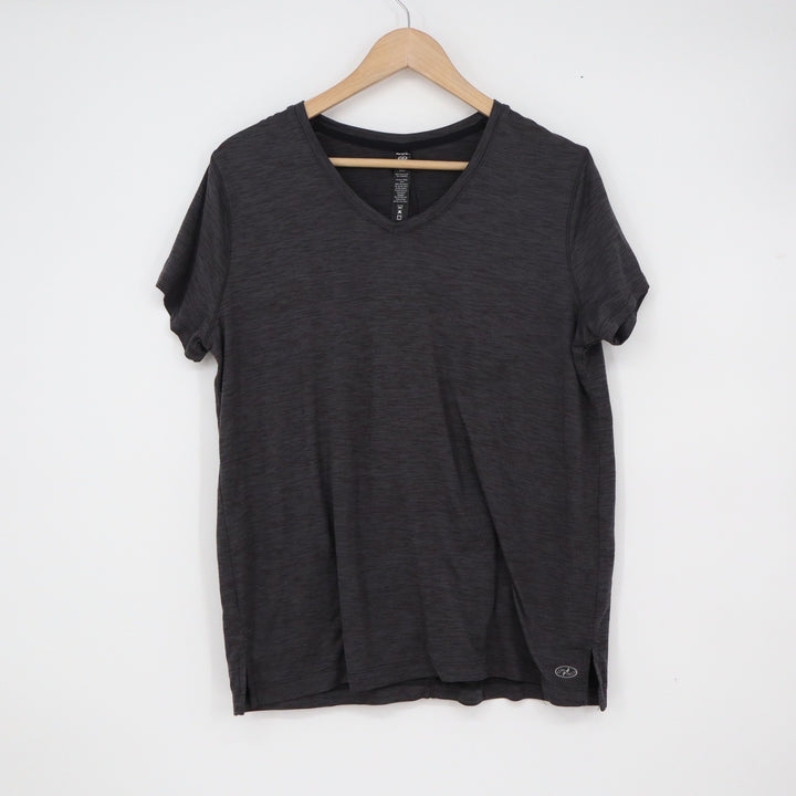 NYL Sport Womens Charcoal Heather Grey V-Neck Short Sleeve Activewear Top Size L