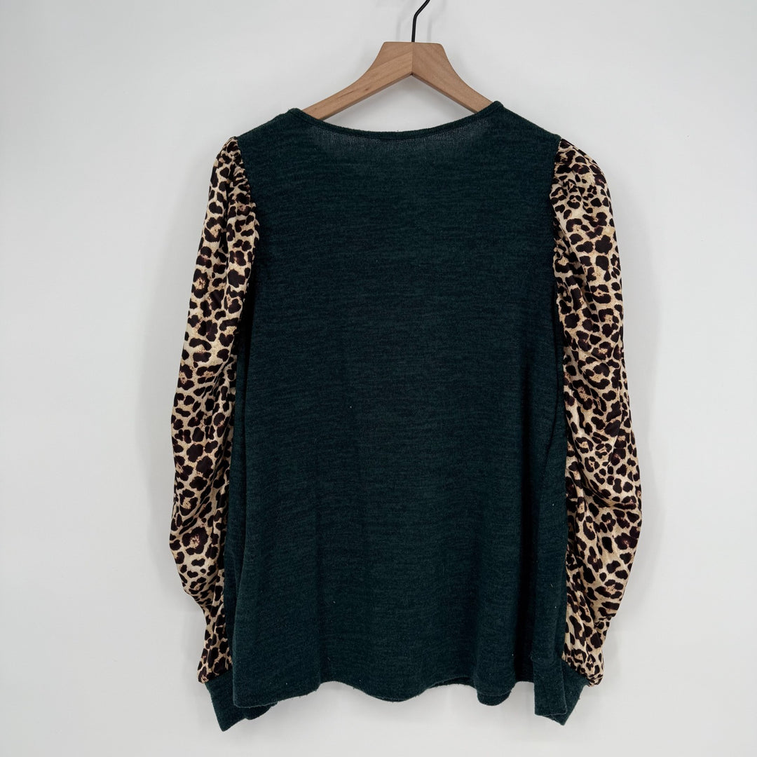 Ces Femme Top Womens Medium Multicolor Leopard Print Tight Knit Puff Sleeve