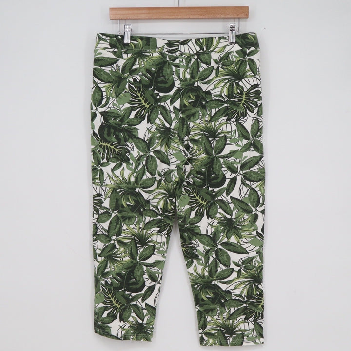 Denim & Co Green White Tropical Leaf Print Cropped Pants Womens Size M