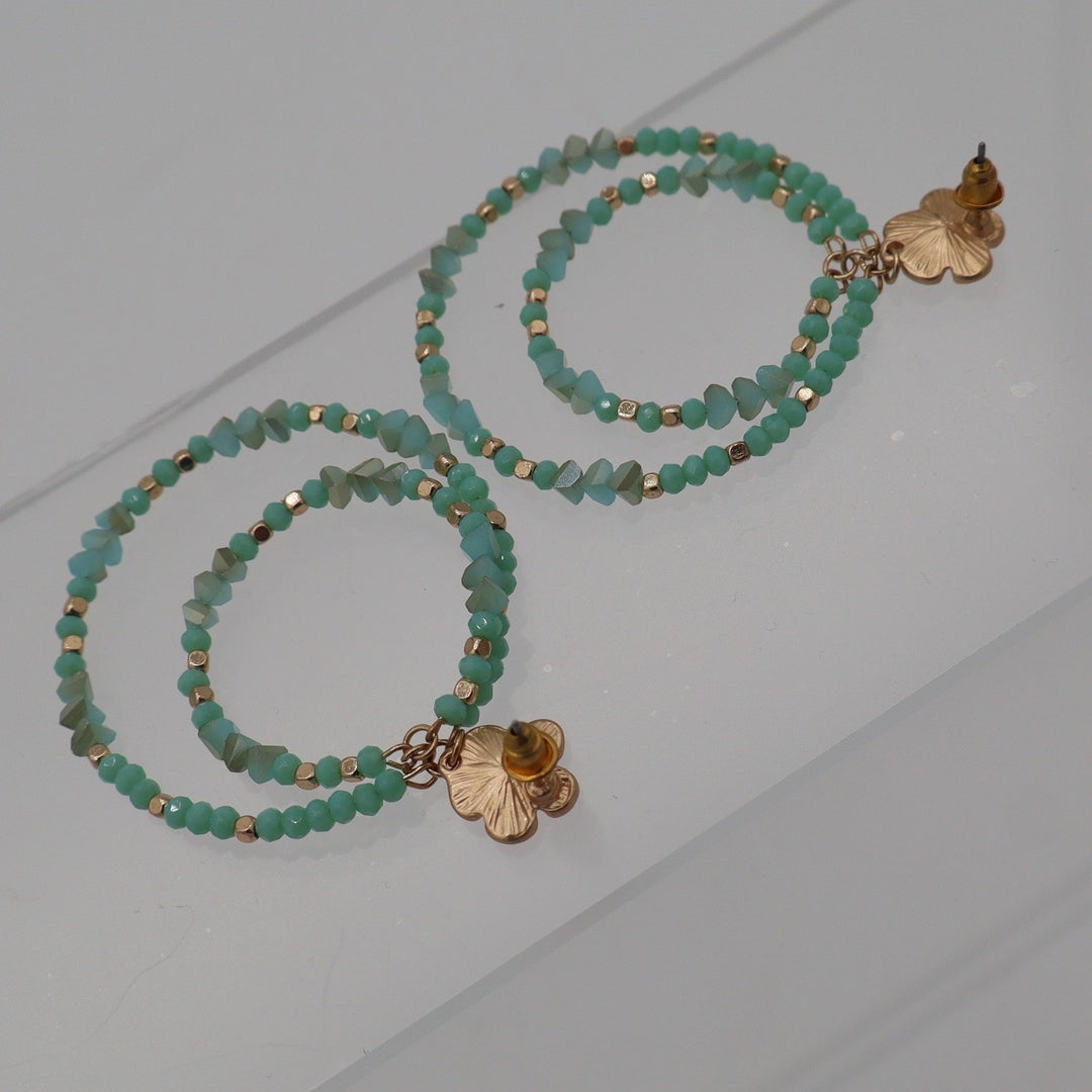 Mint Green Beaded Double Hoop Drop Earrings Gold Tone Flower Stud Boho Style