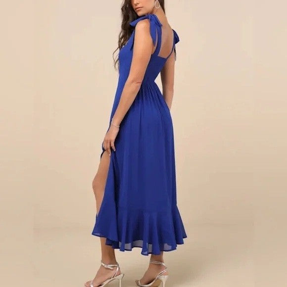 Lulus Summer Invite Royal Blue Tie-Strap Tiered Midi Dress Size M