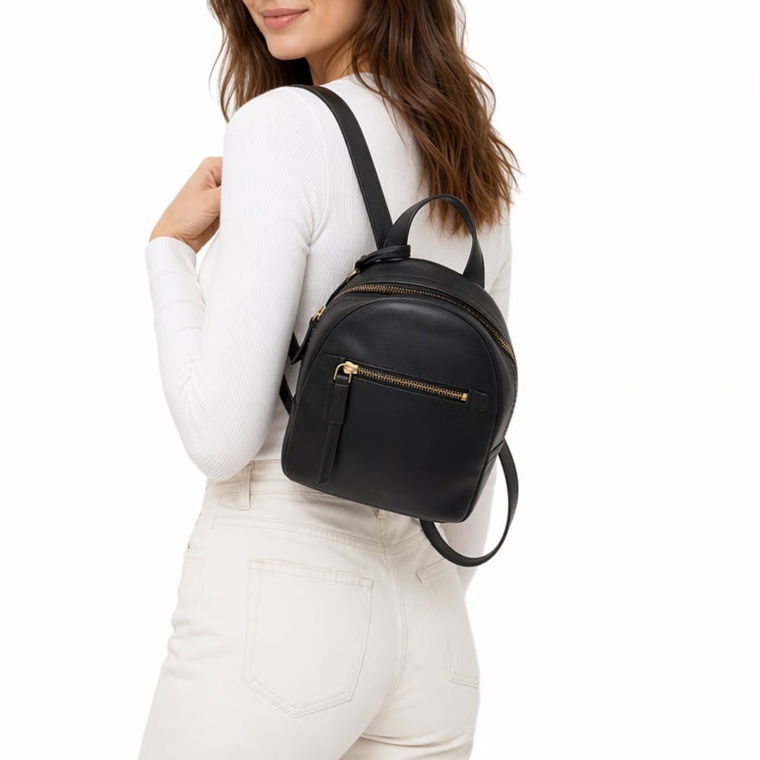 Fossil Megan Womens Backpack Black Pebbled Leather Adjustable Shoulder Strap Bag