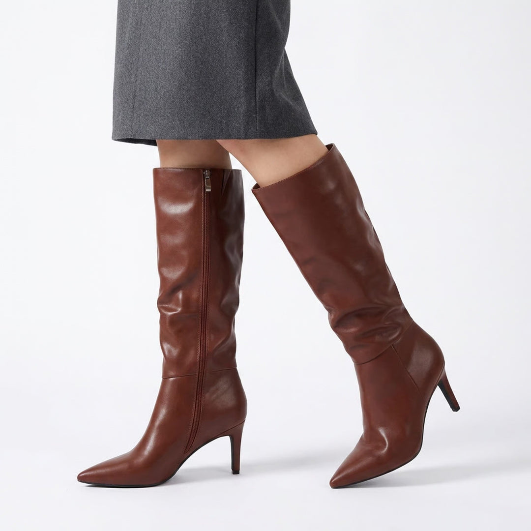 Brown Faux Leather Pointed Toe Stiletto Knee High Boots Size 8.5
