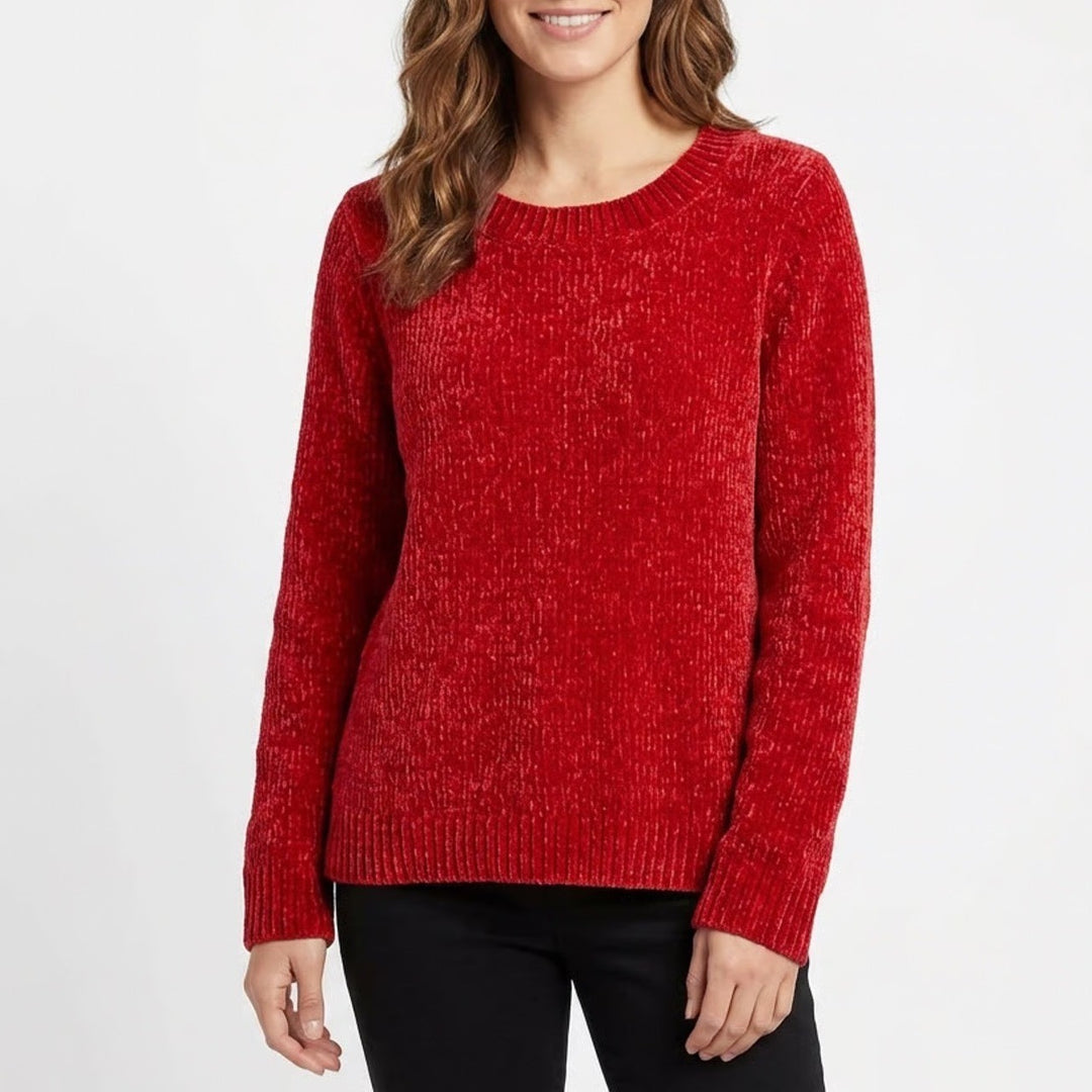 Chicos Red Chenille Sweater Crew Neck Long Sleeve Pullover Size 2