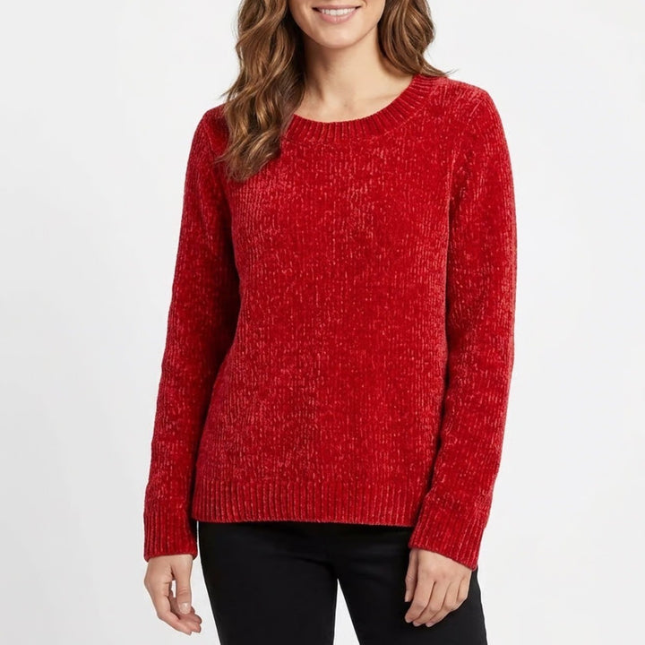 Chicos Red Chenille Sweater Crew Neck Long Sleeve Pullover Size 2