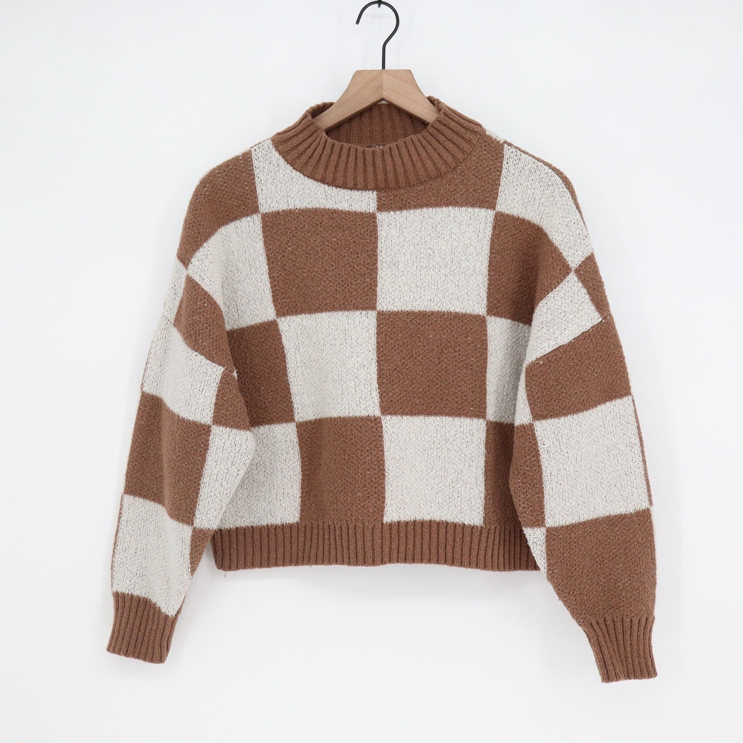 Blu Pepper Brown White Checkerboard Mock Neck Cropped Sweater Womens S