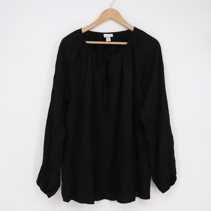 Ava & Viv Womens 2X Black Long Sleeve Tie Neck Peasant Blouse Relaxed Top