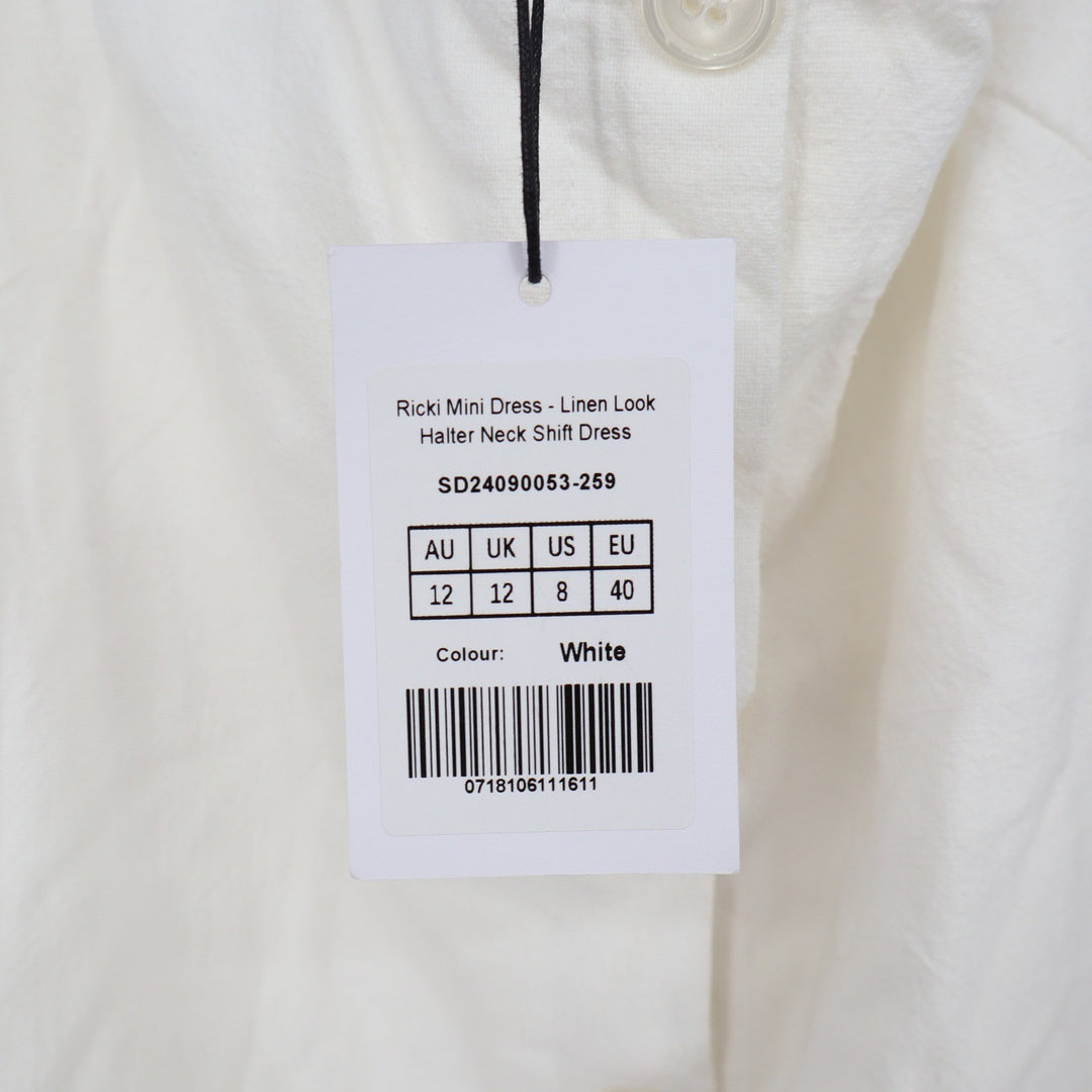 Showpo Ricki Mini Dress White Linen Blend Halter Neck Button Front Size 8