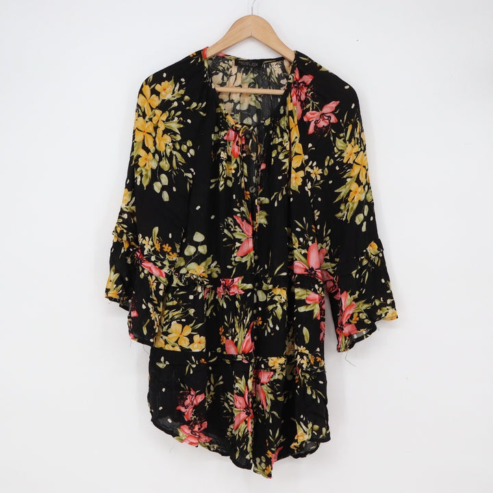 Rachel Zoe Tunic Women M Floral Black Bell Sleeve Tiered Boho Good