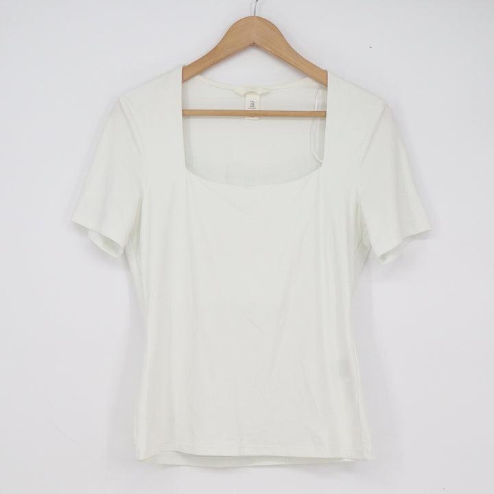 H&M Womens White Square Neck Short Sleeve Stretch Top Size M