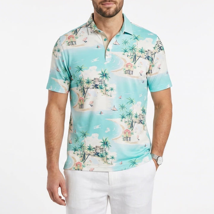 Walter Hagen Performance 11 Mens Small Teal Tropical Beach Print Golf Polo Shirt