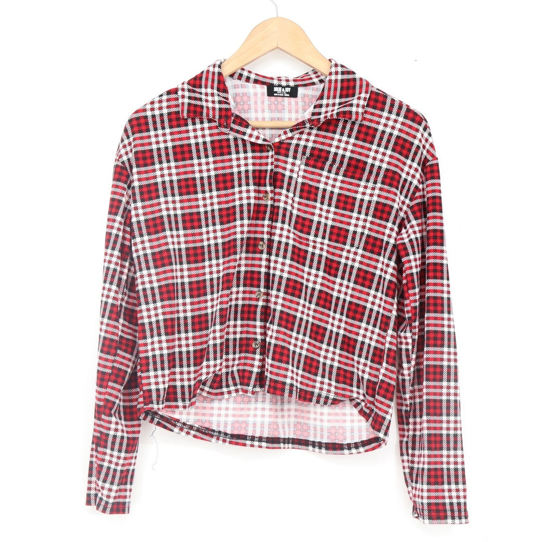 Jolie & Joy Womens Red Plaid Cropped Button Down Shirt Small Long Sleeve