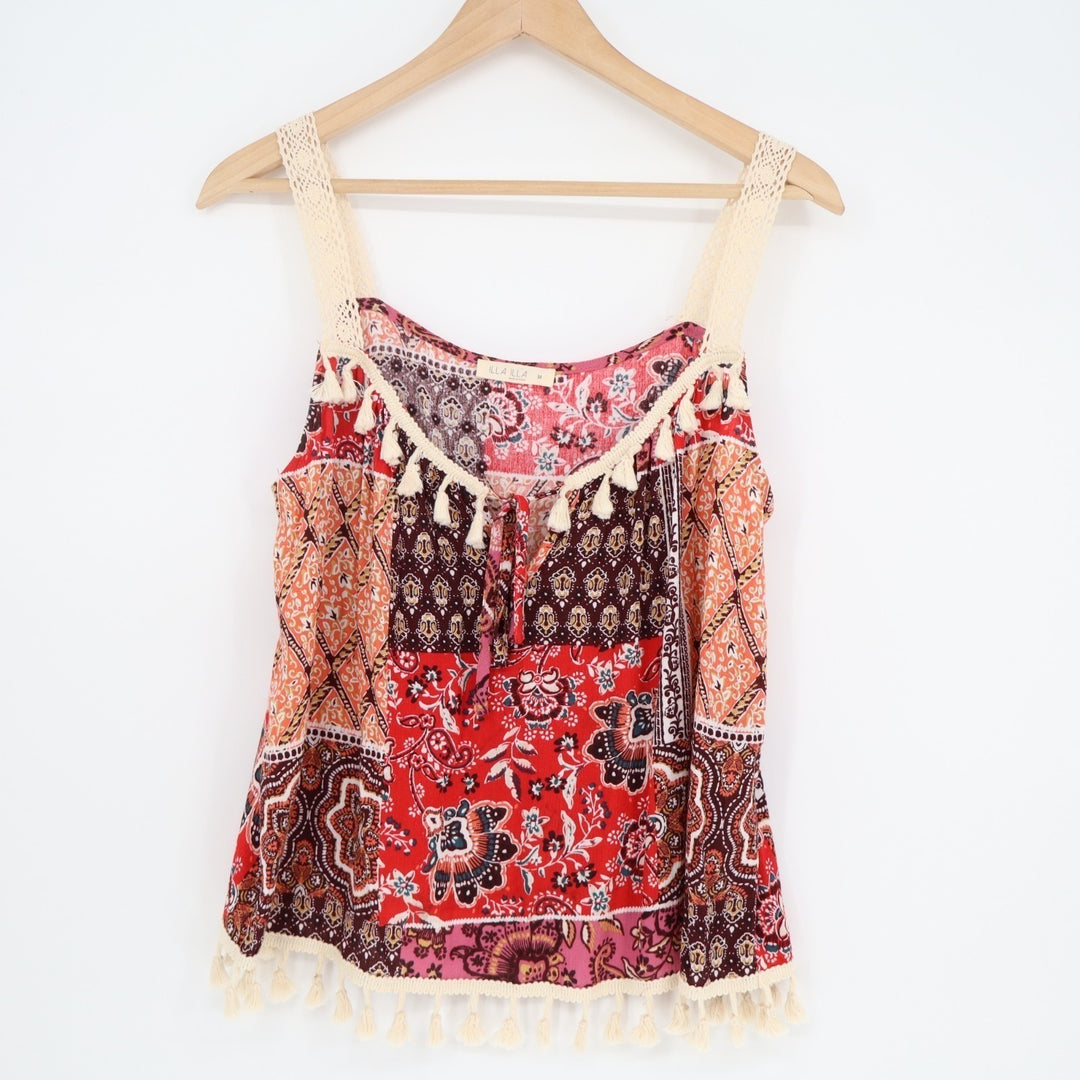 Illa Illa Tank Top Womens Medium Multi Floral Fringe Detailing Crochet Straps