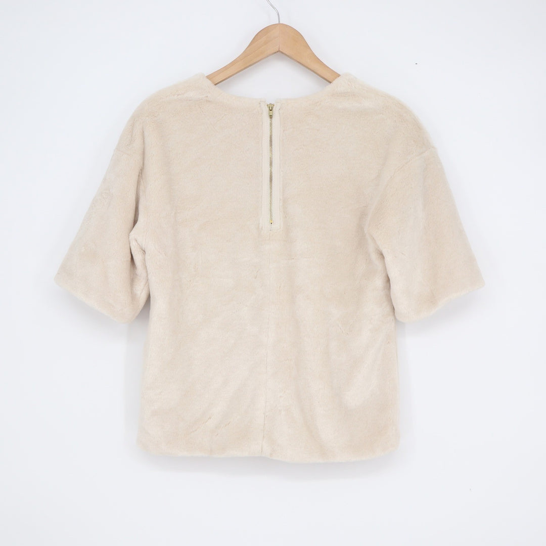 H&M Cream Faux Fur Short Sleeve Top Back Zip Plush Blouse XS