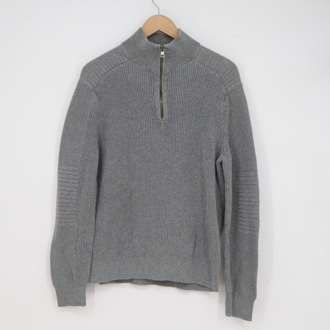 Express Mens Gray 100% Cotton Ribbed Quarter Zip Moto Elbow Sweater Size M