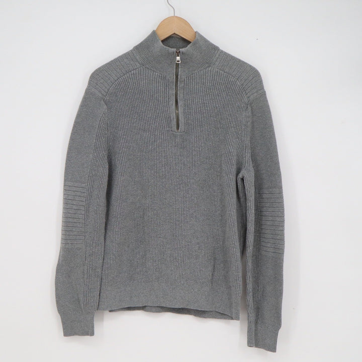 Express Mens Gray 100% Cotton Ribbed Quarter Zip Moto Elbow Sweater Size M