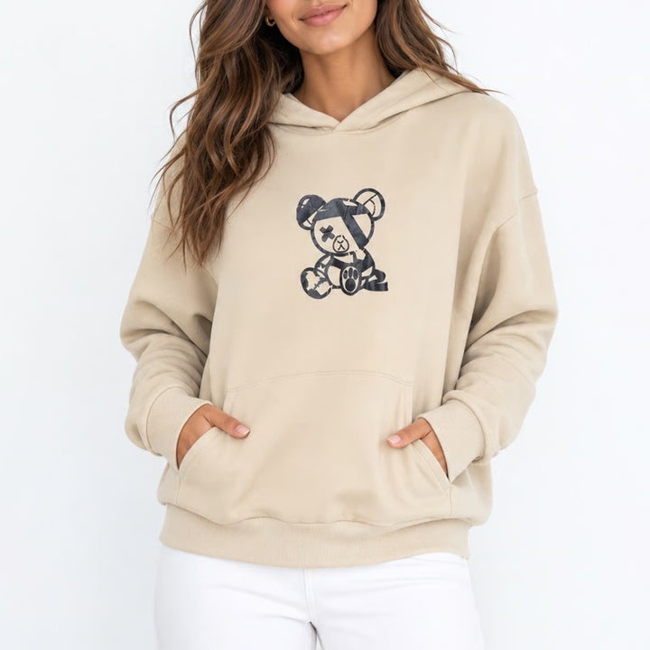SHEIN Teddy Bear Graphic Hoodie Beige Tan Long Sleeve Pullover Size L