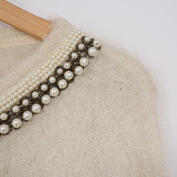 Black Rivet Sweater Womens XL Cream Eyelash Knit Pearl Beaded Neckline Good
