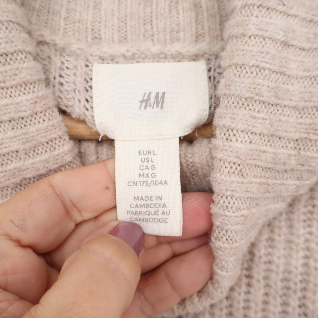 HM Women's Beige Ribbed Knit Turtleneck Sweater Wool Blend Large
