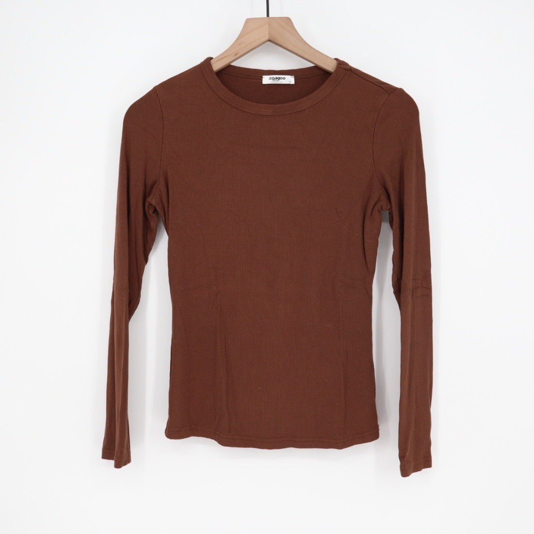 Zeagoo Brown Ribbed Long Sleeve Crew Neck Top Size M
