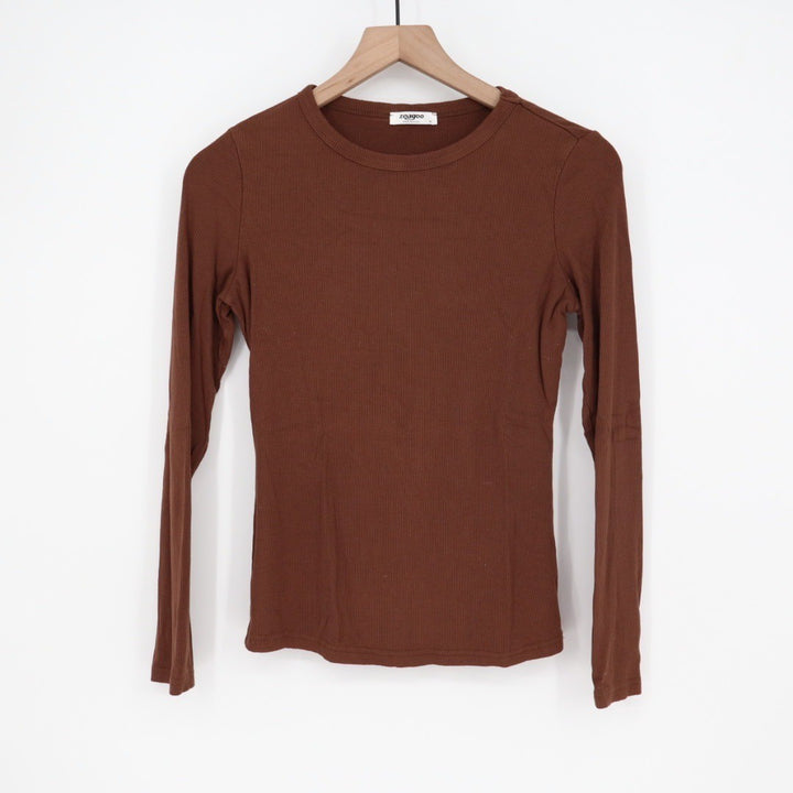 Zeagoo Brown Ribbed Long Sleeve Crew Neck Top Size M