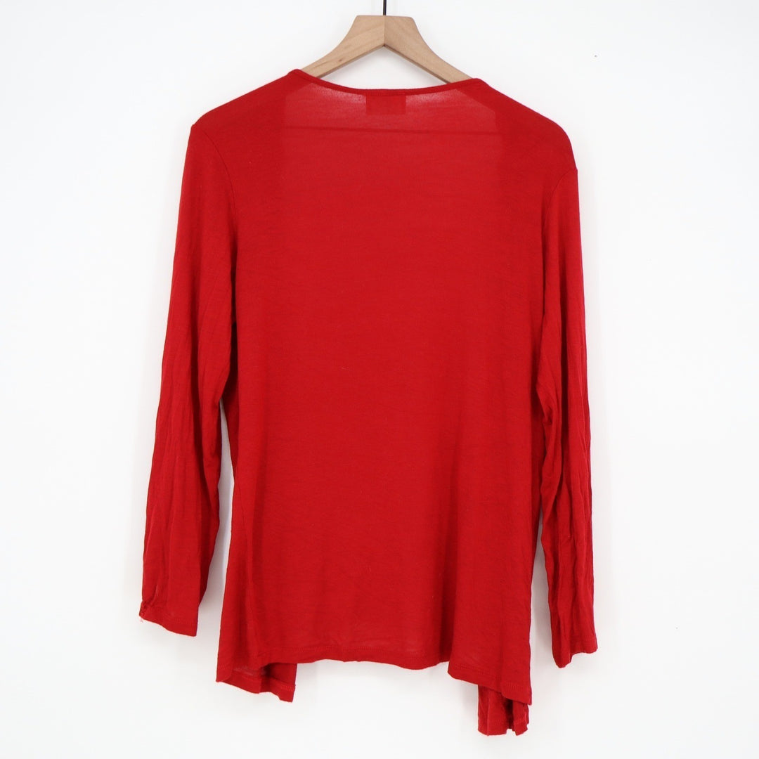 Lavish Red Ruffle Trim Open Front Cardigan Long Sleeve Lightweight Knit Sweater