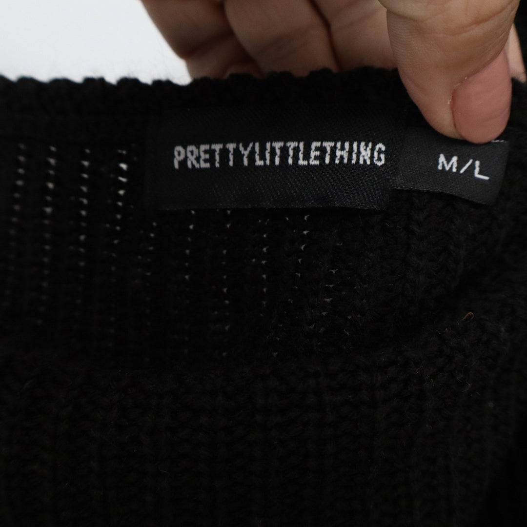 PrettyLittleThing Black Off Shoulder Cropped Knit Sweater V-Neck Ribbed M/L