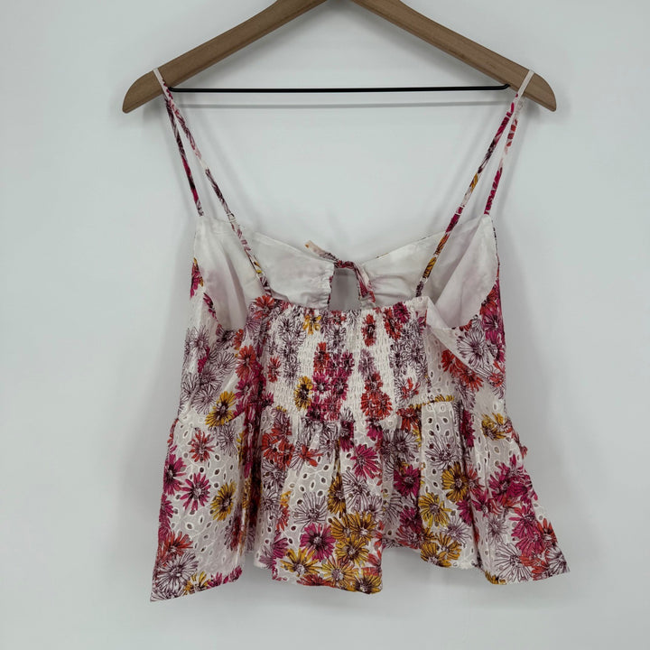 Waverly Eyelet Floral Cami Top Peplum Cutout Magenta Daisies XL