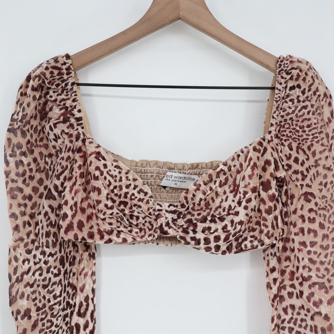 Naked Wardrobe Leopard Print Sweetheart Crop Top Long Sleeve Womens S