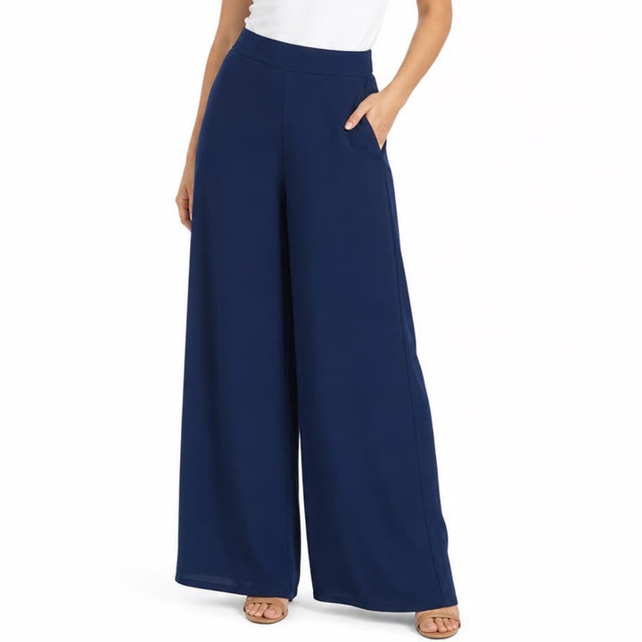 Navy Blue Wide Leg Flowy Palazzo Pants Elastic Waist Career Trousers Large
