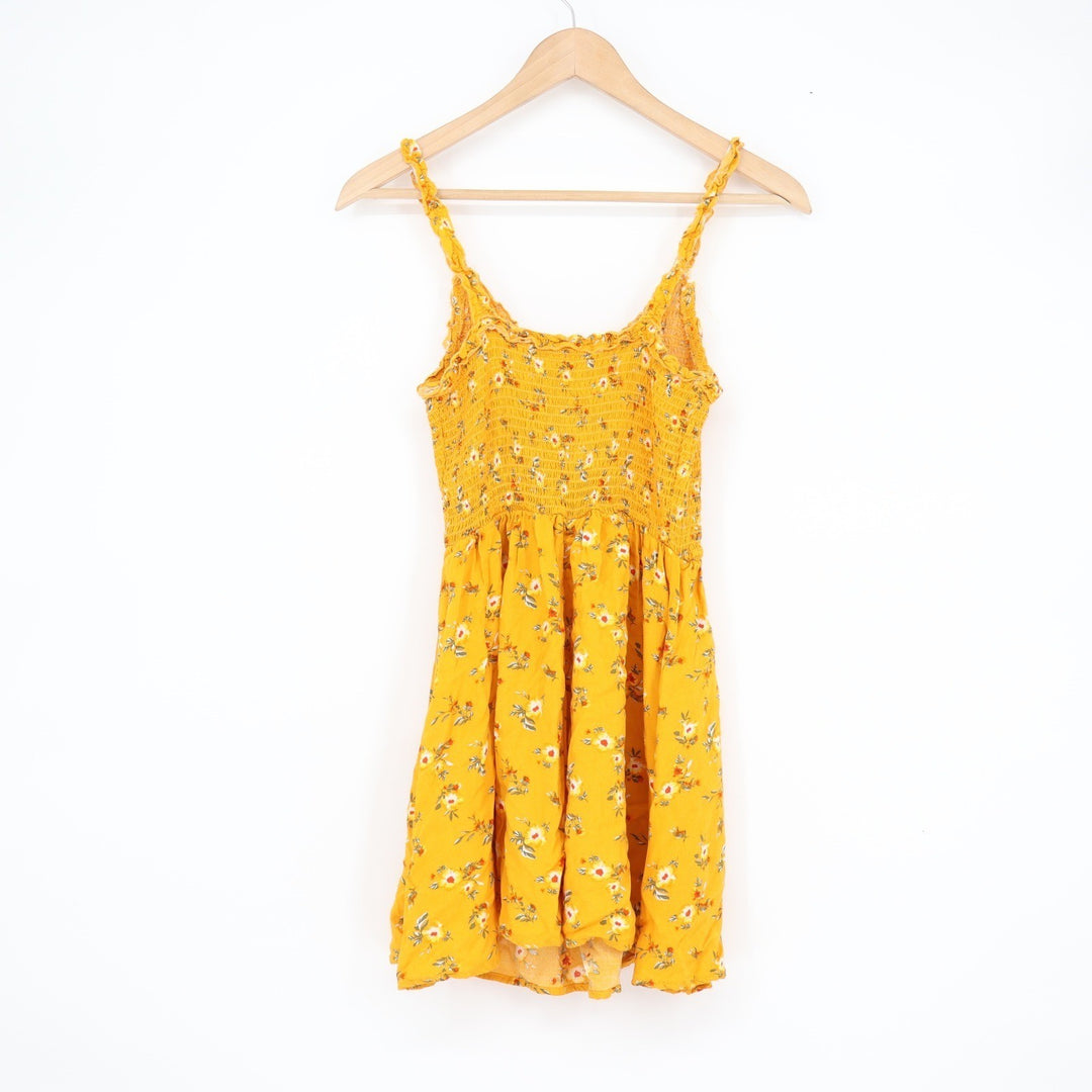 Yellow Floral Smocked Mini Dress Ruffled Straps Button Front Size M
