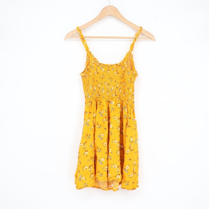 Yellow Floral Smocked Mini Dress Ruffled Straps Button Front Size M