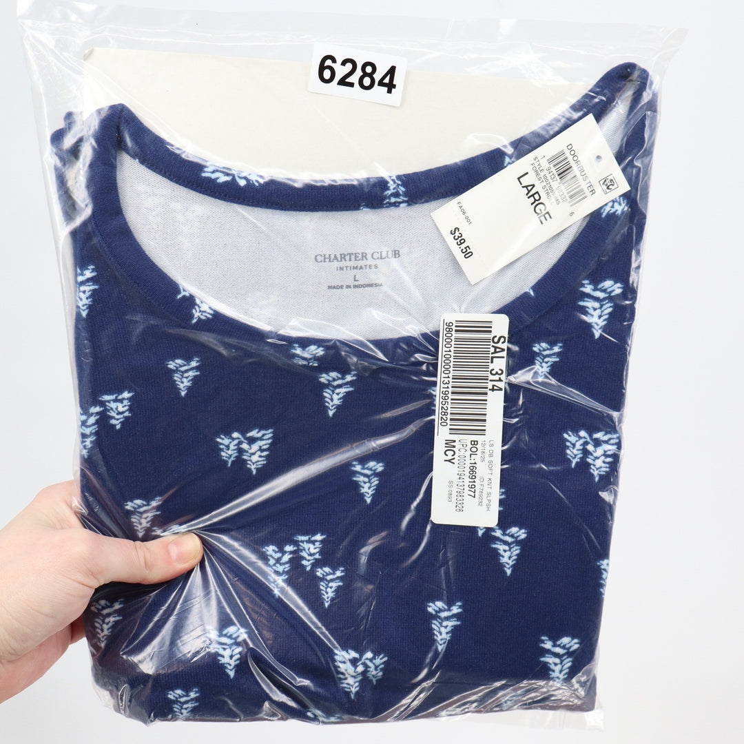 Charter Club Intimates Navy Blue Floral Soft Knit Long Sleeve Sleep Shirt Large