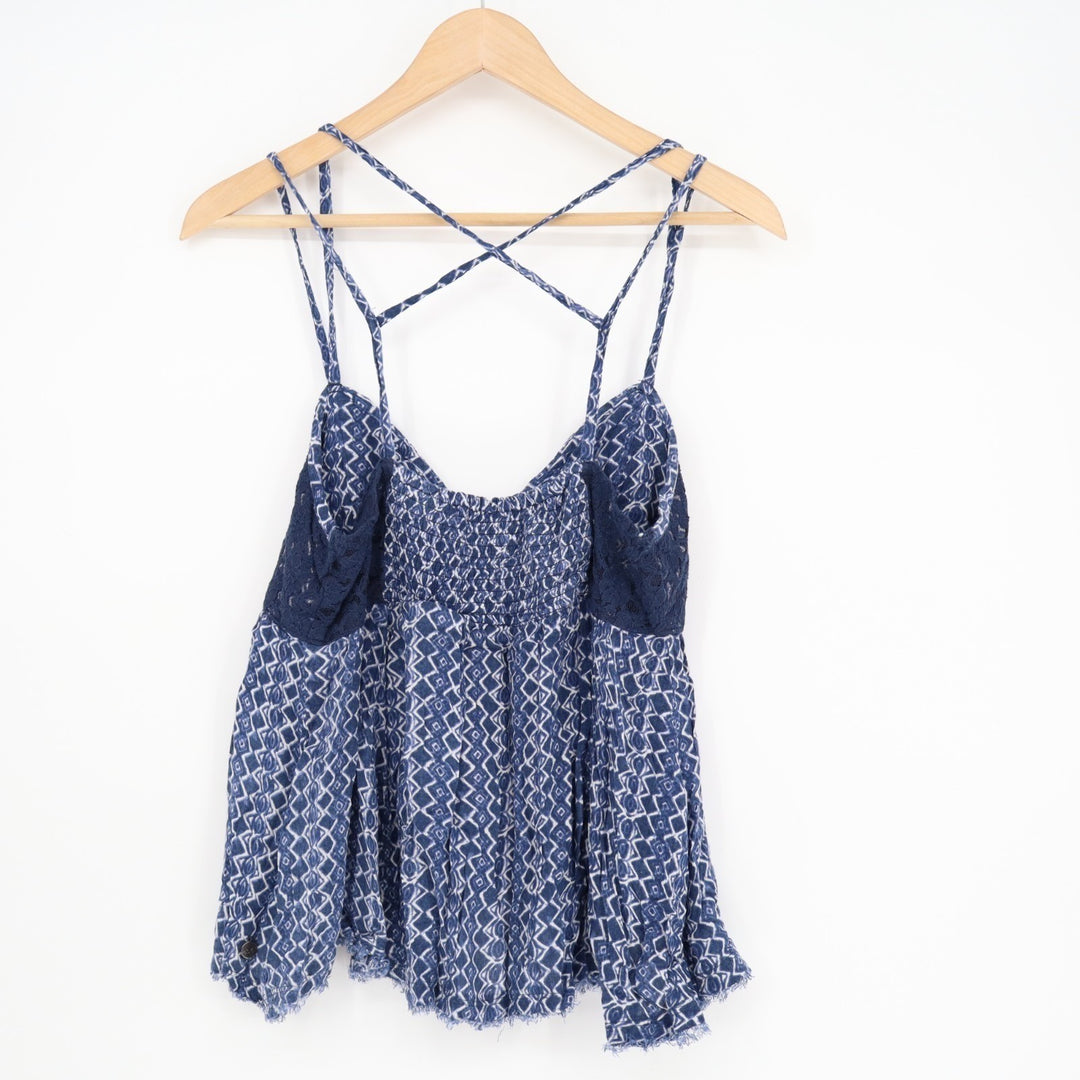 Hollister Cami Top Womens M Blue Viscose Smocked Back Raw Hem Spaghetti Strap